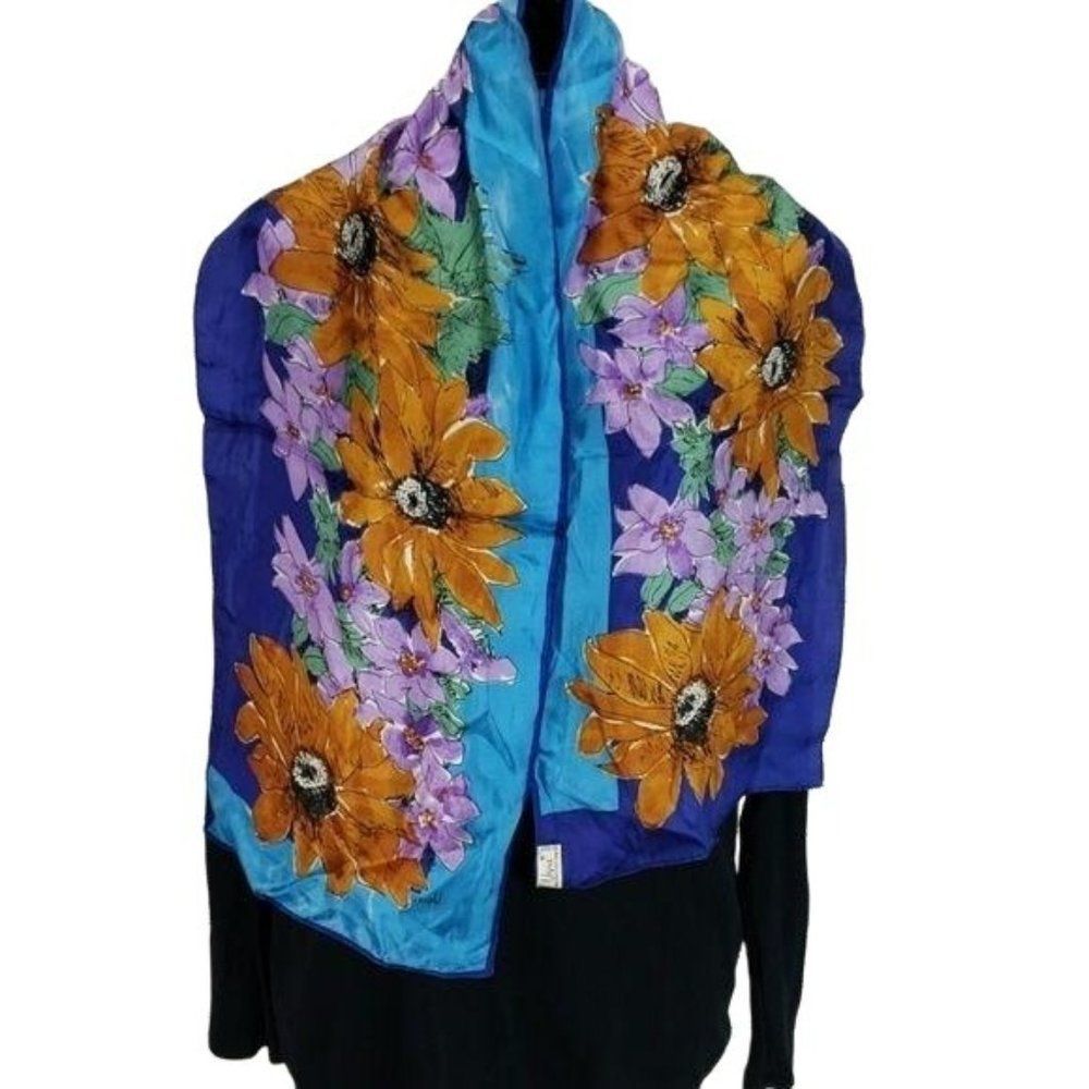 Vana 100% Silk Floral Bold Flower Vintage Scarf Long Thin Blue Orange